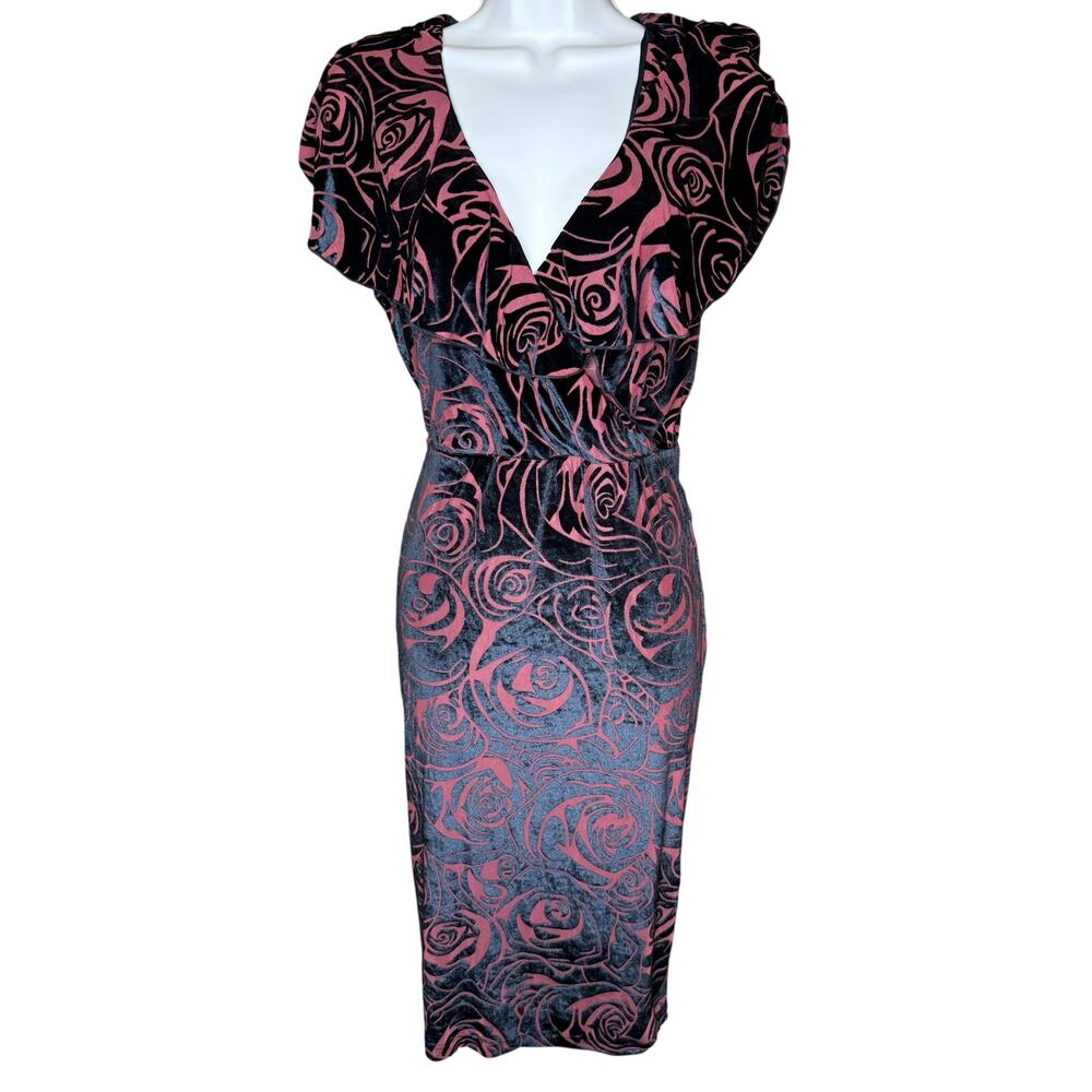 Unique Vintage Burnout Velvet Burgundy Rose Ruffle Dress M 6 8 NWOT